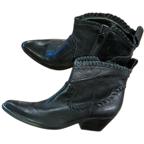 Gianni Bini Black Leather Cowgirl Western Ankle Boots Womens Size 7 Boho Braided - Picture 1 of 12
